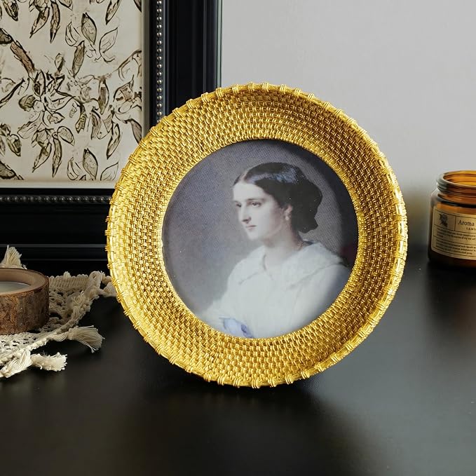 Cuspin 5x5 Round Picture Frame Gold, Vintage Woven Rattan Textured Circle Photo - Image 2