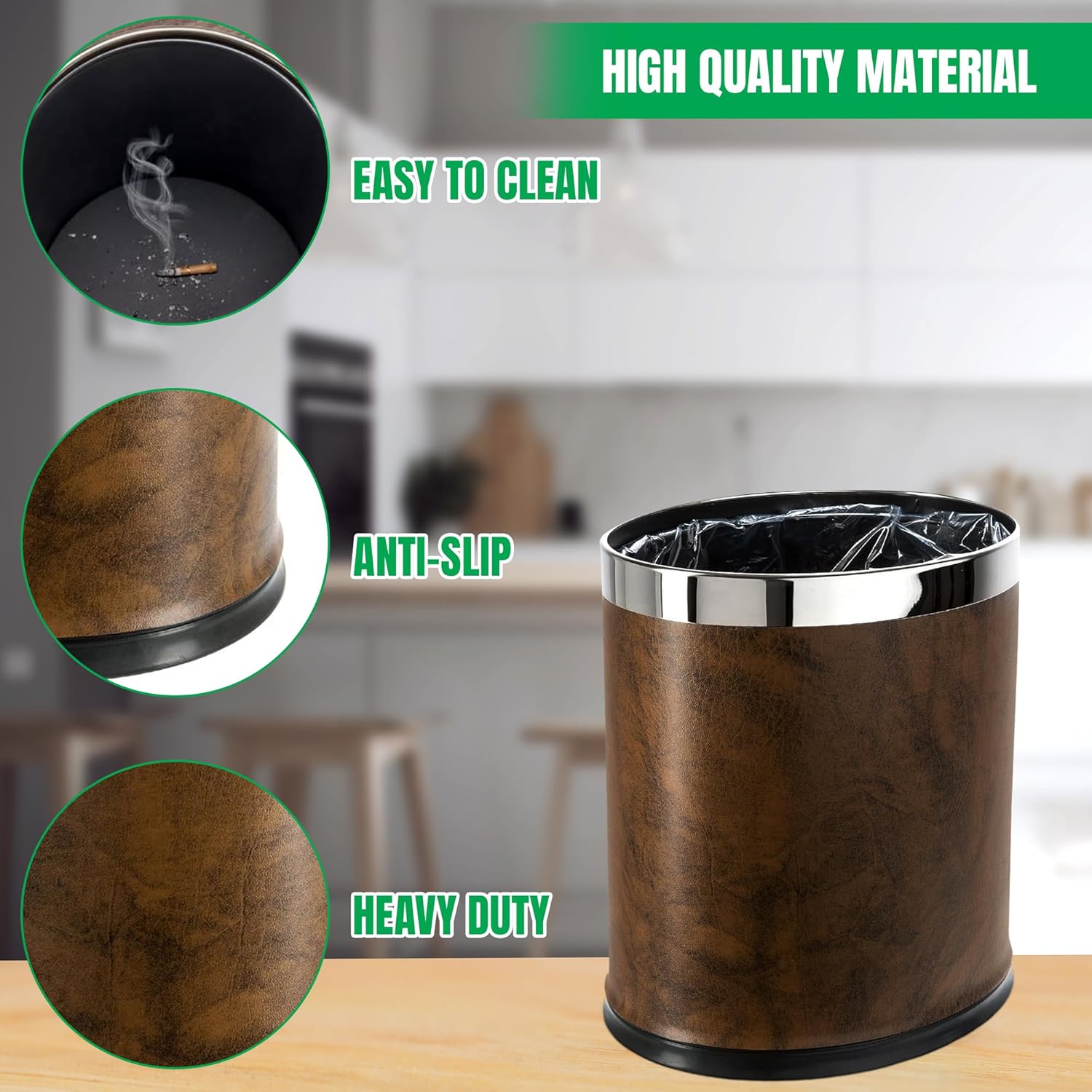 'Invisi-Overlap' Open Top Leatherette Trash Can, Small Office Wastebasket, Modern Home Décor, Oval Shape (Brown)