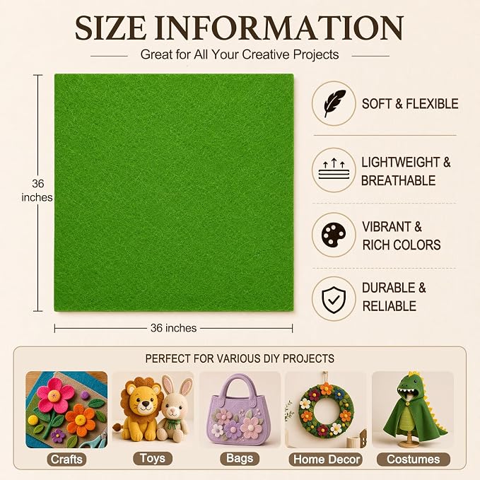 Grass Green Large Felt Fabric 36" x 36", 1.4 mm Soft Felt Sheet, Nonwoven Fabric - Image 3