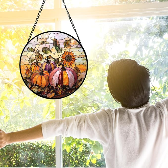 DASTOLL Stained Glass Window Hanging, Pumpkin Sunflower Suncatcher Diamond - Image 4