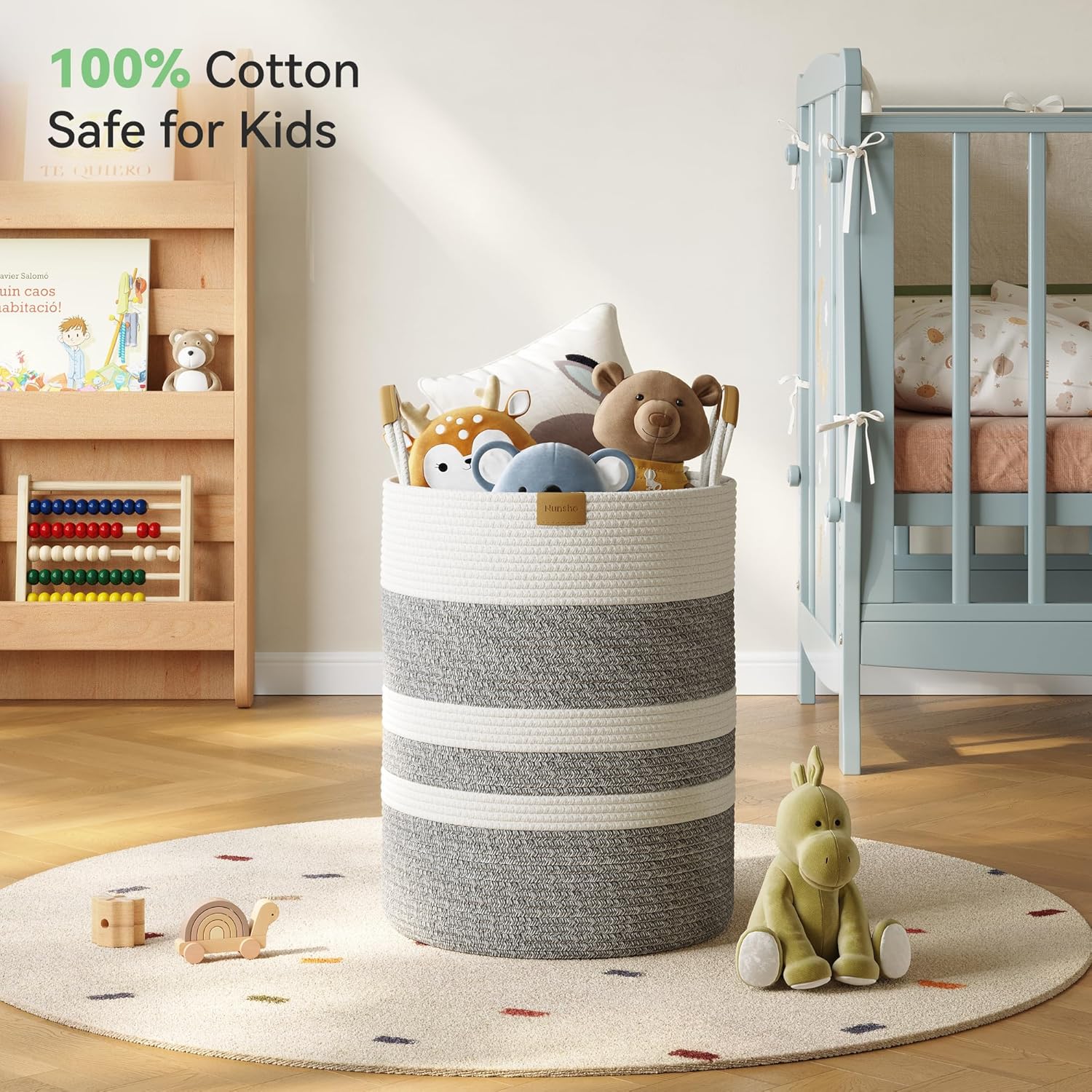 62L Striped Laundry Hamper with Leather Handles,Large Foldable Laundry Basket for Clothes,Cotton Rope Storage Bin for Blankets,Woven Clothes Basket for Bedroom,Gray Stripes