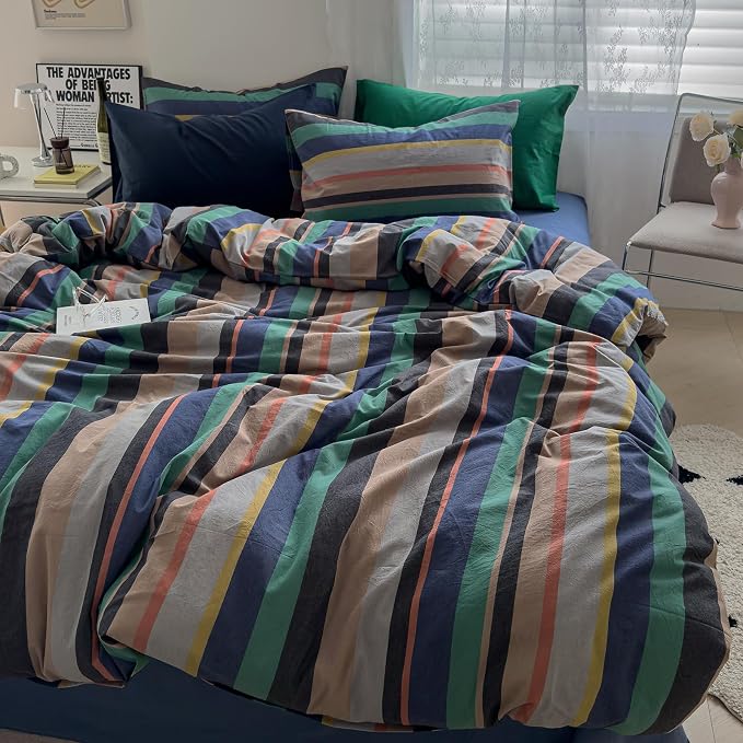 mixinni Blue Striped Duvet Cover Twin Size 100% Washed Cotton 3 Pcs Vintage - Image 3