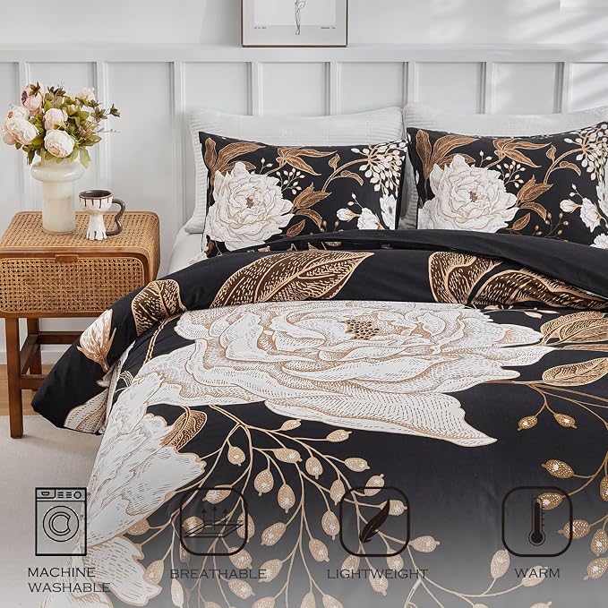 MKXI Gold Floral Black Duvet Cover Twin XL Bedding Set Bold Vintage Style - Image 2