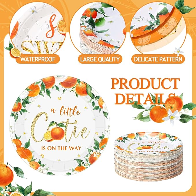 Funnymoom 60 Pcs 7 Inch Little Cutie Paper Plates Orange Baby Shower Plates - Image 3