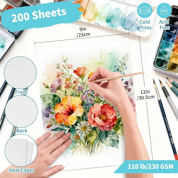 OSIMIG 200 Sheets 9x12” Watercolor Paper Bulk, 110lb/230gsm Cold Press White - Image 2