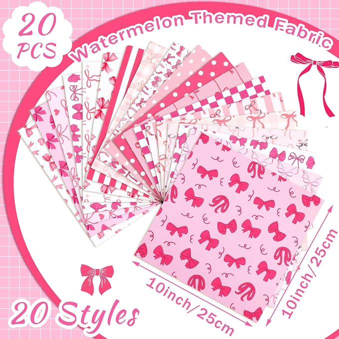 HunnmingRe 20 Pcs 10''x10'' Pink Bow Quilting Fabric Square Coquette Bow - Image 2