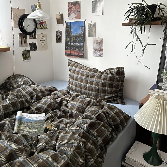 mixinni Vintage Brown & Blue Buffalo Plaid Duvet Cover Set King Size - Image 5