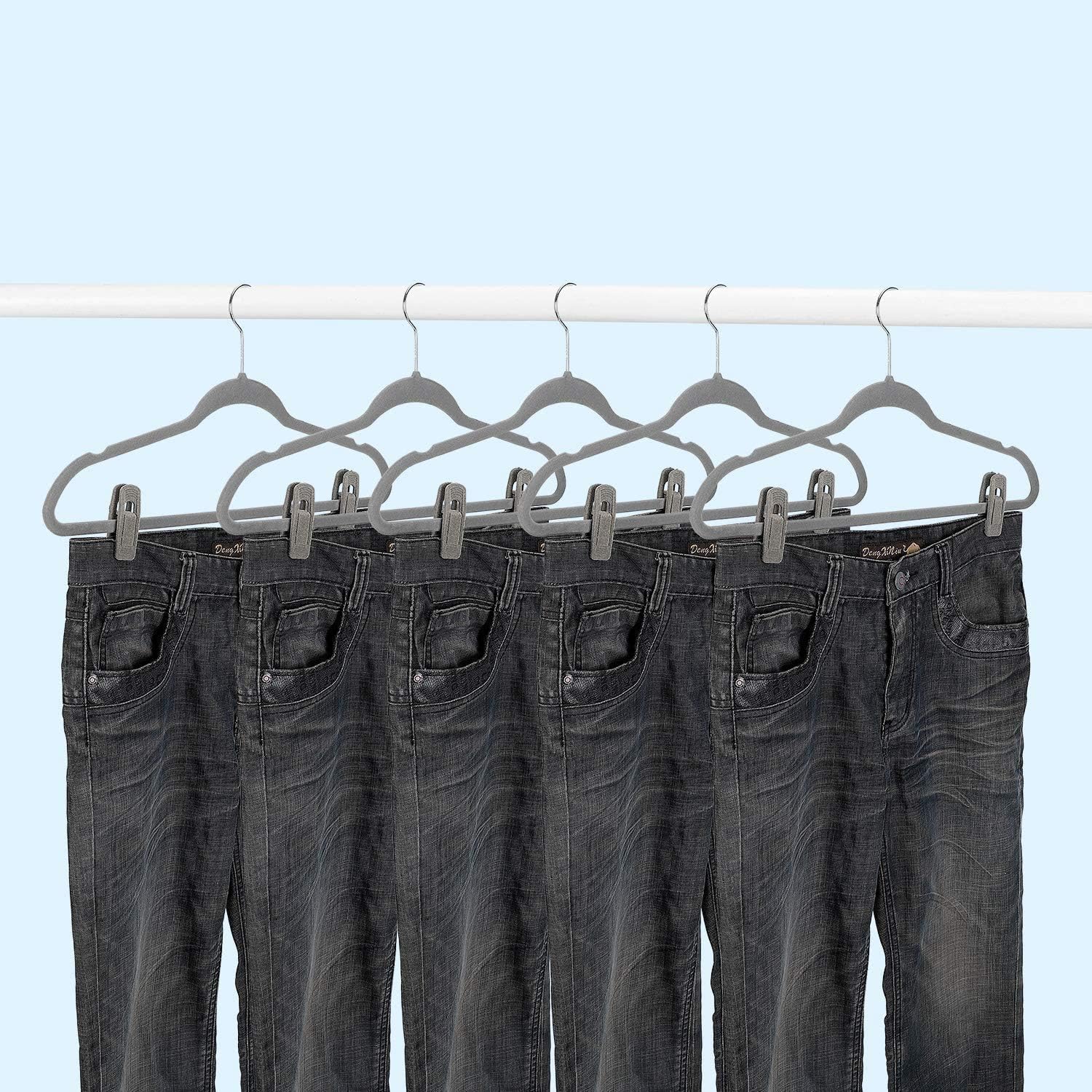 Grey Velvet Clips for Velvet Hangers - 20 PCS Gray Non Slip Velvet Hanger Clip, Pants Hanger Velvet Clips Fit for Slim Velvet Hangers, Clothes-pins for Grey Velvet Hangers