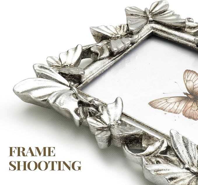 4x6 Silver Picture Frame, Butterfly Photo Frame, Vintage Elegant Decor | Fits - Image 4