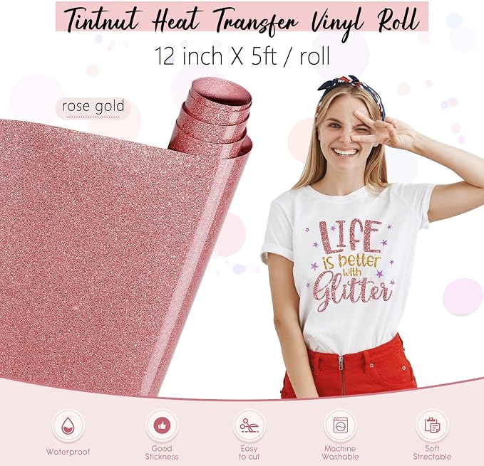 Tintnut Rose Gold Glitter Heat Transfer Vinyl Roll, easy cut & weed, stretch - Image 2
