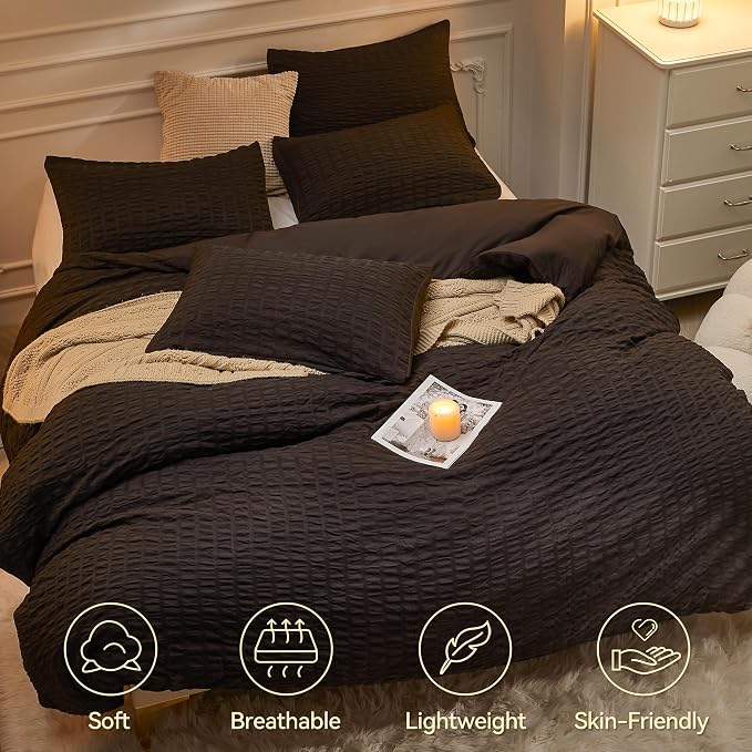 JELLYMONI Black Duvet Cover Full Size, Soft Breathable Seersucker Duvet Cover - Image 2