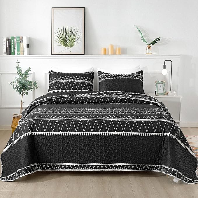 Andency Black King Size Quilt Set, 3 Pieces Boho Lightweight Soft Striped by Andency