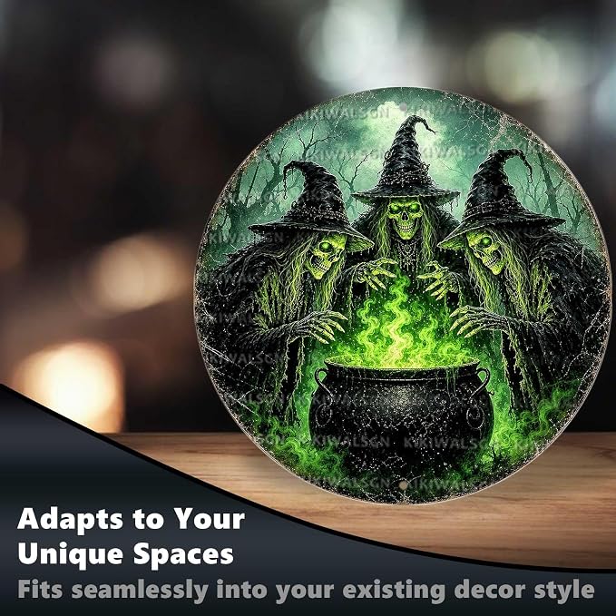 Skeleton Witches Halloween Metal Tin Sign Round Wall Decor Green Magic Potion - Image 6