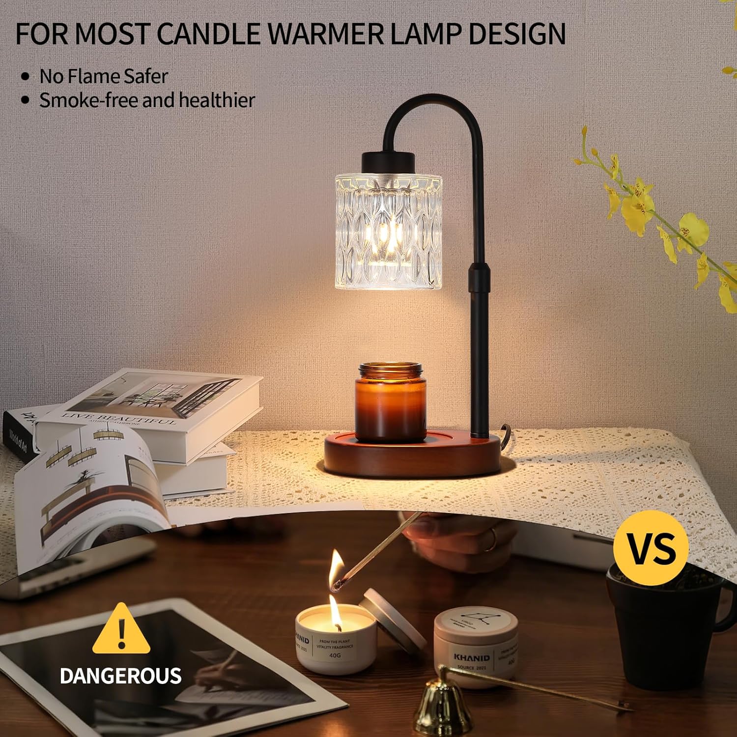 Black Candle Warmer Lamp with Dimmer and Timer,Home Decor Lamp for Scented Jar,Electric Wax Melt Warmer,Mother's Day/Birthday/Christmas Gifts for Mom/Wife,Adjustable Height,with 2 Bulbs
