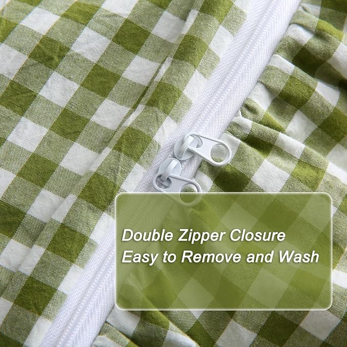 Silnuo Olive Green/White Checkered Ruffle 3-Piece Duvet Cover Set Queen Size - Image 6
