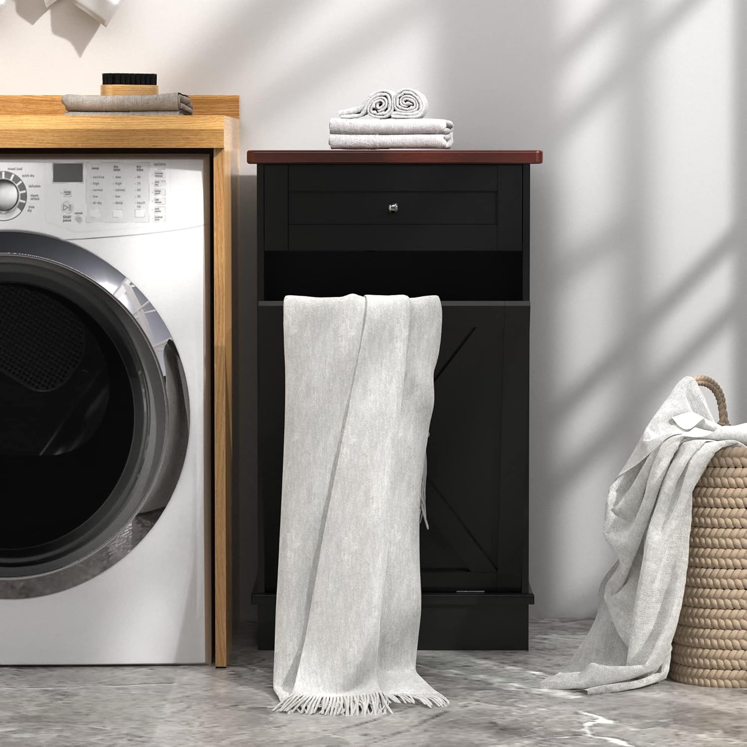 Betterhood Tilt Out Trash Cabinet 10 Gallon Wooden Free Standing Laundry Sorter, Recycling Cabinet with Hideaway Drawer, Tilt Out Trash Can Bin (Black) 35.6 H x 20.5 L x 13 W