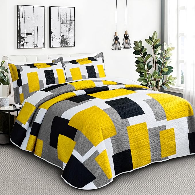 Tyrot 3 Piece Yellow Grey Quilt Set California King Size Yellow Gray White - Image 2