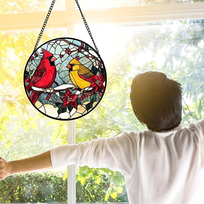 DASTOLL Stained Glass Window Hanging, Love Birds Cardinals Sun Catchers - Image 3