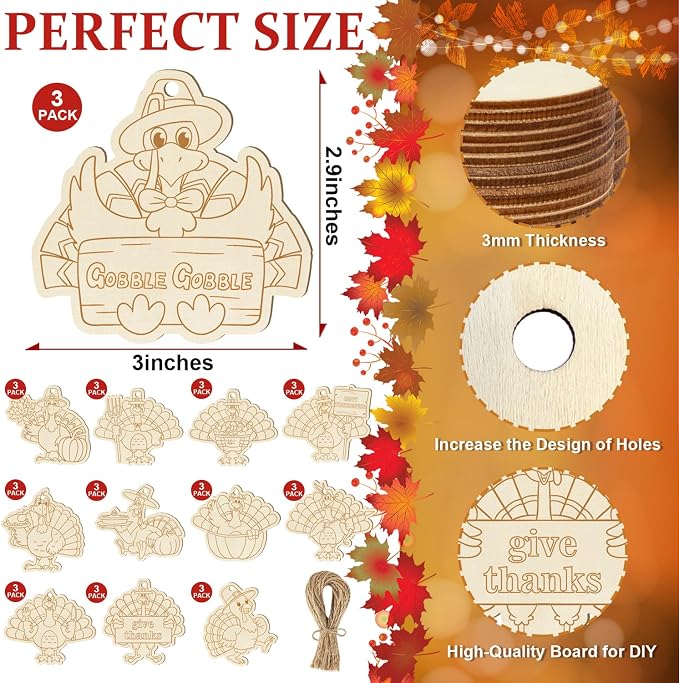 36PCS Wooden Thanksgiving Decoration Turkey Ornaments to Paint Thanksgiving - Image 2