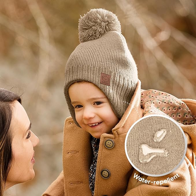 Baby Beanies, Baby Hats for Boys, Girls - Cute Toddler Winter Hat, Soft & Stretchy Beanies for Infant, Newborn 0-6 Months, Cozy & Warm with Earflap Muff & Pom (Taupe, S)
