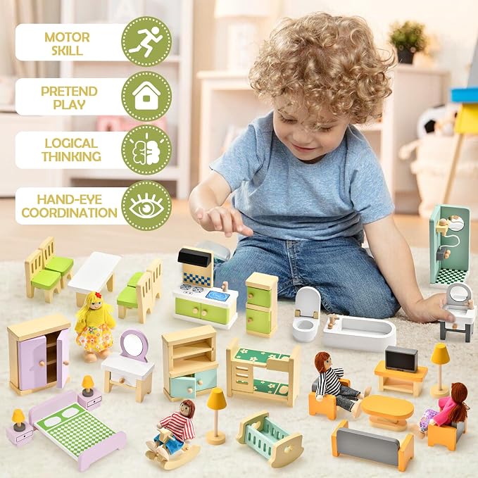 Toyssa Wooden Dollhouse Furniture Set, Pretend Play Toys Birthday Gift - Image 5