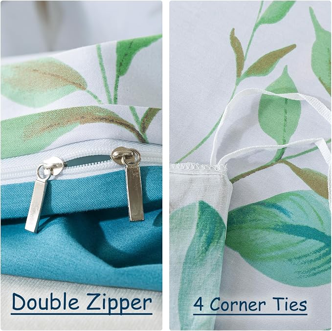 FADFAY Botanical Duvet Cover Sets Queen Size 100% Cotton Teal Green Leaves - Image 3