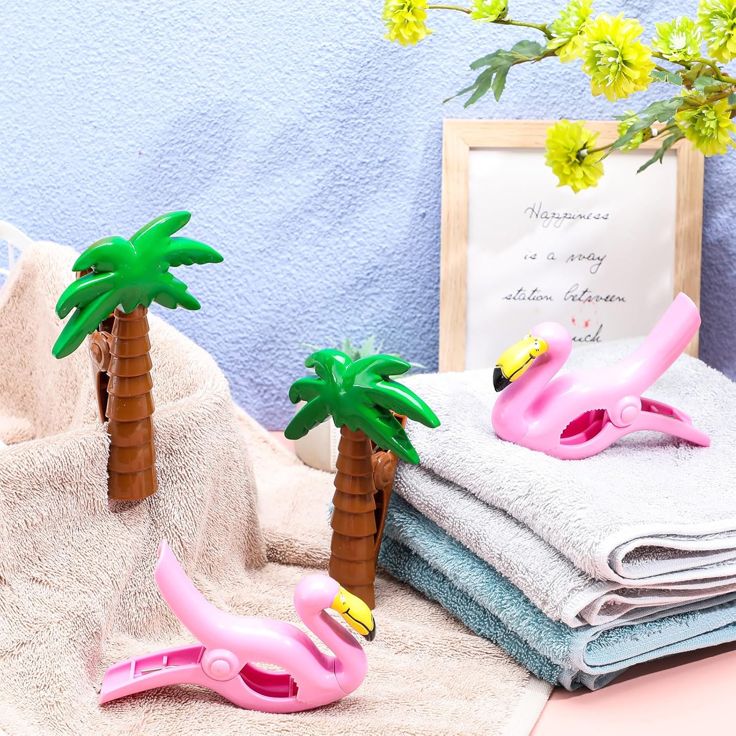 4 Pieces Beach Towel Clip Jumbo Size Chair Clips Towel Holder Clothes Pegs Christmas Stocking Clamp for Cruise Patio Pool Holiday Vacations(Flamingo, Coconut Palm,Pink, Green)