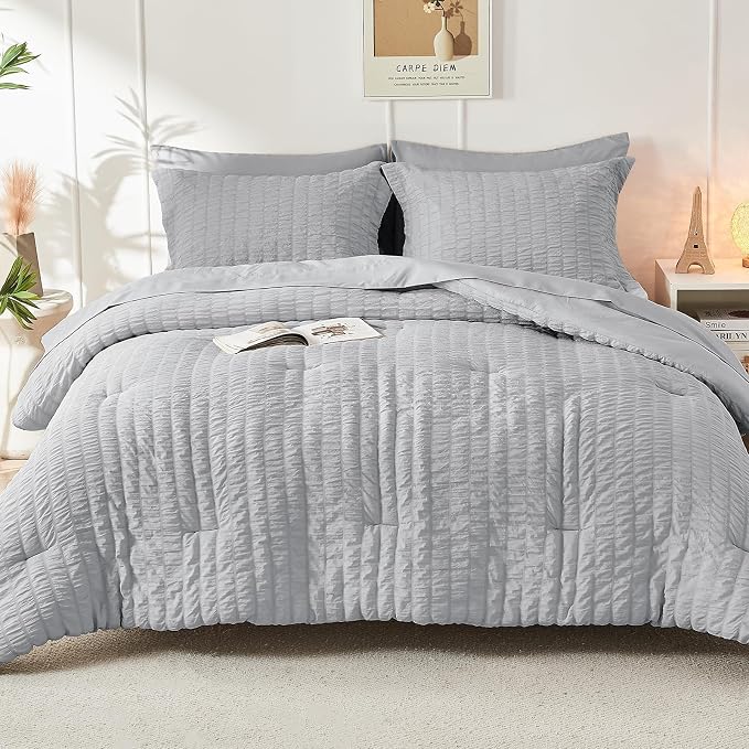 HYMOKEGE Light Grey Oversized Queen Comforter Set Seersucker 7 Pieces, All - Image 9