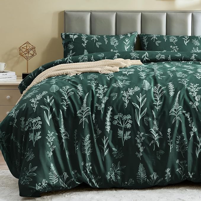 MUXHOMO Duvet Cover King Size, Reversible Floral Forest Green Duvet Cover Set by MUXHOMO
