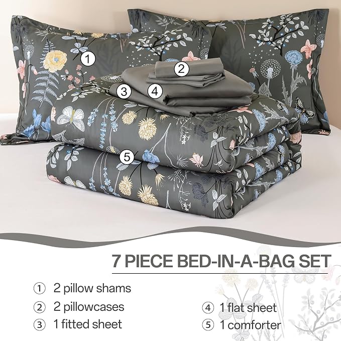 Yiran 7 Piece Grey Floral Comforter Set Queen Size, Botanical Flowers Bed in a - Image 8