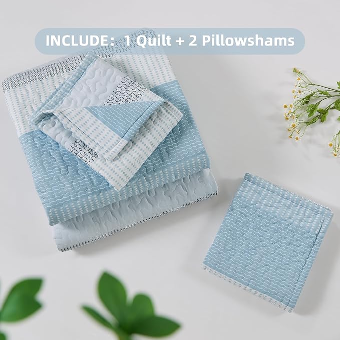 Andency Queen Quilt Bedding Set Aqua Blue, 3 Pieces Patchwork Summer Striped - Image 7