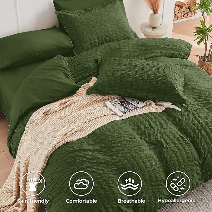 HYMOKEGE Olive Green Queen Comforter Set Seersucker 7 Pieces, All Season Luxury - Image 3