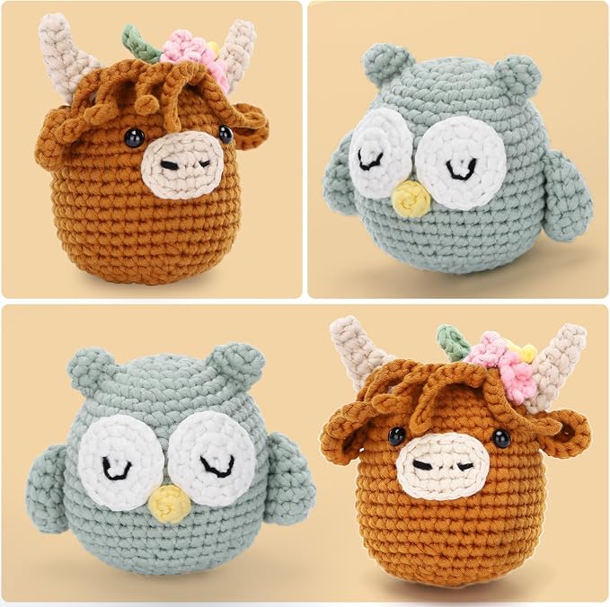 CrochetBox Crochet Kit for Beginner, Highland Cow and Owl Learn How to Crochet - Image 2