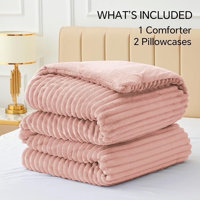 BEDELITE Fleece King Comforter Set -Super Soft & Warm Fluffy Dusty Pink Bedding - Image 6