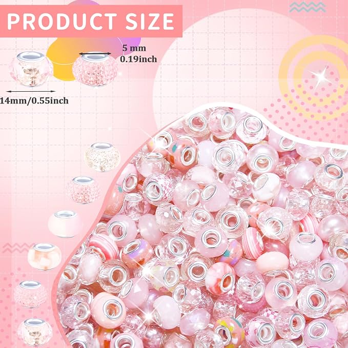 200Pcs Large Hole Beads Spacer Beads Pink Assorted European Craft Big Beads - Image 2