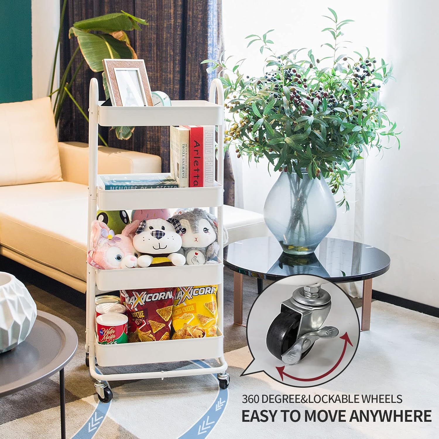 elabo 4-Tier Metal Mesh Utility Rolling Cart, Storage Organizer Trolley Services Cart with Lockable Wheels for Kitchen, Bathroom, Living Room (White)