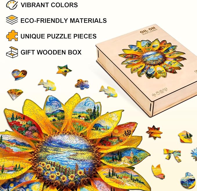 Wooden Sunflower Puzzles Adults, Flower Shaped Wood Puzzle 245 Pieces, Oil - Image 2