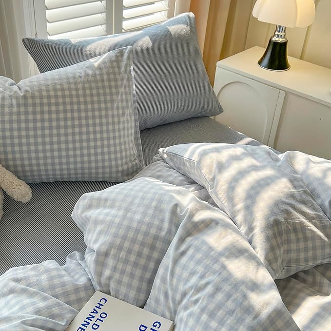 mixinni Light Blue Gingham Duvet Cover Set Queen Size - Image 7