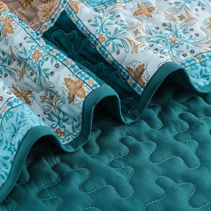 Xruibed Teal Quilt Set King Size 3 Pieces Plaid Floral Boho Bedspread Coverlet - Image 7