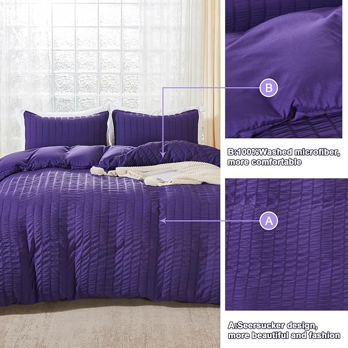 AveLom Dark Purple Duvet Cover Full, 3 Pieces, Seersucker Tripe Soft Washed - Image 5