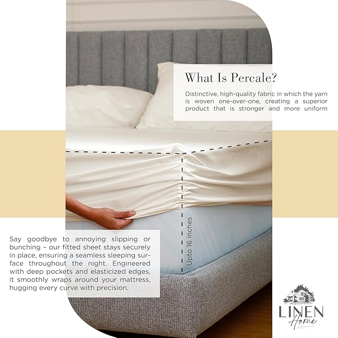 Linen Home 100% Cotton Percale Sheets King Size, Deep Pocket, 4 Pieces Set - Image 4