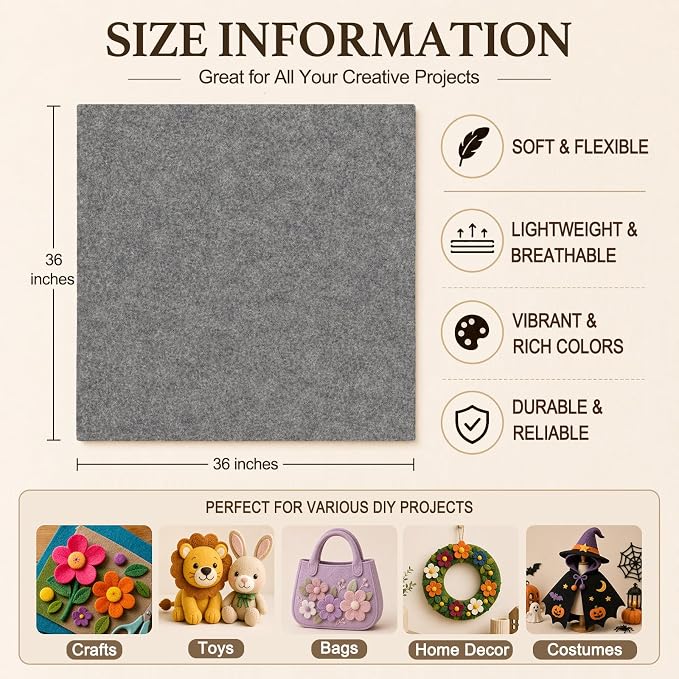 Gray Large Felt Fabric 36" x 36", 1.4 mm Soft Felt Sheet, Nonwoven Fabric - Image 3