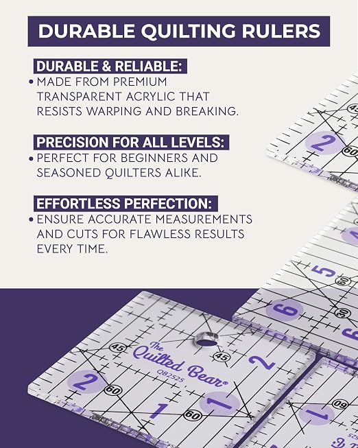 The Quilted Bear Small Quilting Ruler Bundle, 5.5" & 6.5" | 5 Square-Ruler - Image 7