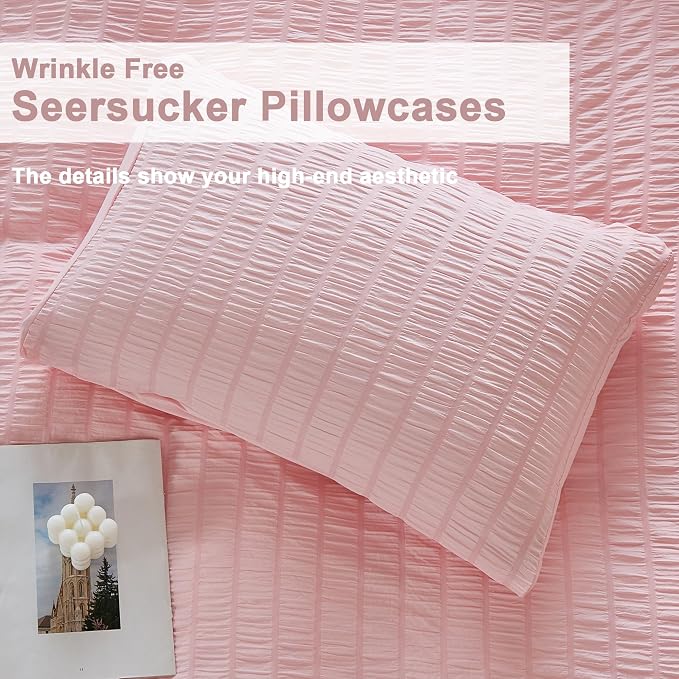 AveLom Blush Pink Seersucker Duvet Cover Set Queen Size, 3 Pieces, Ultra Soft - Image 6