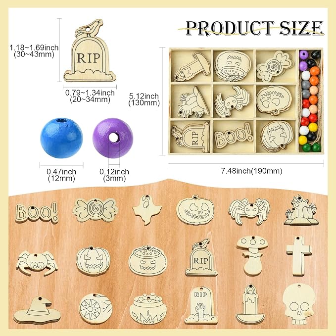 54 pcs Mixed Styles Halloween Theme Unfinished Wood Cutout Charms Cross Spider - Image 2