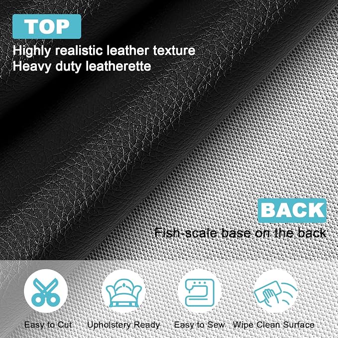 Black Faux Leather Fabric 118"×55" Lychee Grain Upholstery Vinyl - Image 2