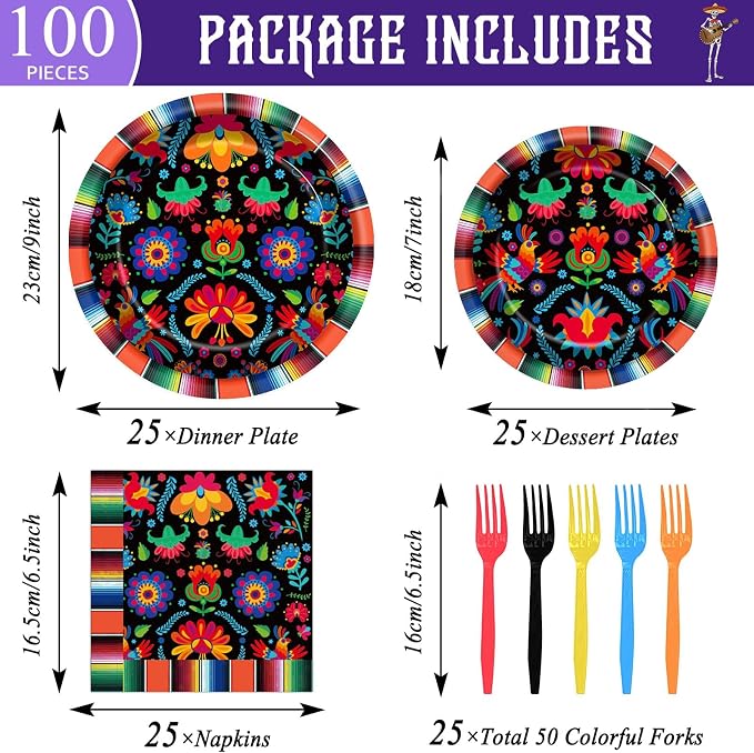 100PCS Mexican Fiesta Party Plates and Napkins Party Supplies Mayo Mexico - Image 2