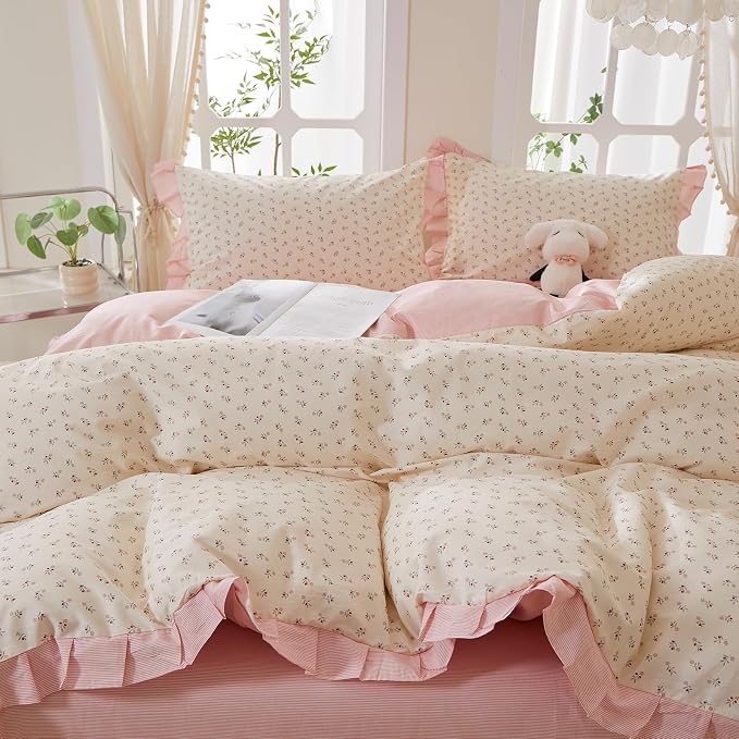 mixinni Pink Floral Duvet Cover Set Twin XL Size – 100% Cotton Ruffle Lace - Image 6