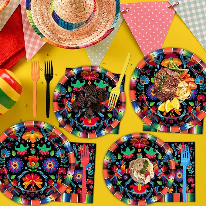 50 Guests Mexican Fiesta Plates and Napkins Party Supplies Mayo Datura Flower - Image 3