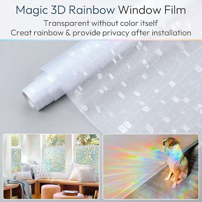 rabbitgoo Window Privacy Film Decorative Rainbow Cling, 17.5" x 118.1" | 3D - Image 6